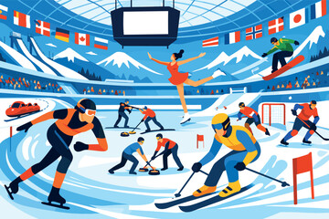 Fototapeta premium Corporate modern illustration of winter sports arena with multiple athletes in action.