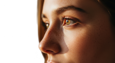 Closeup portrait of a womans face with brown eyes looking sideways isolated on transparent background