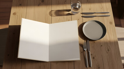 Open Blank Notebook on Wooden Table with Glass of Water and Place Setting