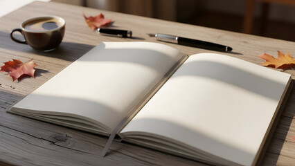 Open Notebook on Wooden Desk with Coffee Cup Autumn Leaves and Pens