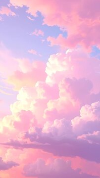 A dreamy sky with fluffy, pink and purple clouds. A single jet streak crosses the blue sky