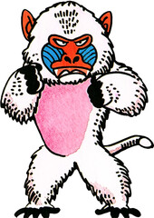 Vibrant white mandrill cartoon character with colorful face.