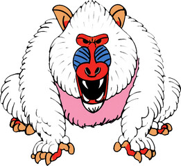 Vibrant white mandrill cartoon character with colorful face.