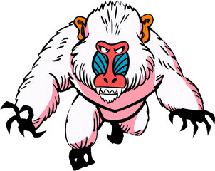 Vibrant white mandrill cartoon character with colorful face.