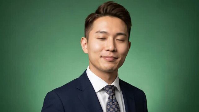 A confident and approachable young professional, an East Asian man, smiles warmly directly at the camera while standing against a versatile solid green background, ideal for chroma keying. Dressed imm