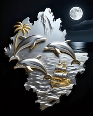 Dolphins and ship in sea I Wall Decor 