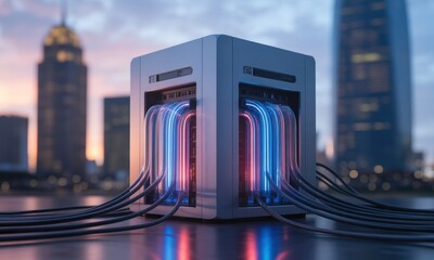 Futuristic server box with glowing tubes, urban backdrop