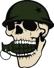 Edgy military skull wearing a green helmet while biting a grenade illustration.
