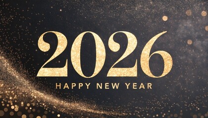Golden 2026 Happy New Year Text Overlay with Sparkling Glitter and Bokeh Lights on Dark Background