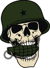 Edgy military skull wearing a green helmet while biting a grenade illustration.