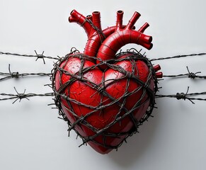 un coraz&oacute;n rojo vivo enredado en afilados alambres de espino, sobre un fondo blanco intenso