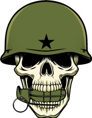 Edgy military skull wearing a green helmet while biting a grenade illustration.