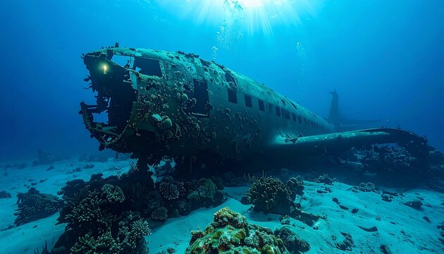 Sunlit depths reveal an old airplane wreck on the ocean floor, partially buried in sand and vibrant coral, a mysterious historical relic