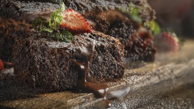 A decadent chocolate dessert, possibly a brownie or rich cake, is beautifully presented on a rustic wooden board, evoking a cozy and inviting atmosphere. Powdered sugar delicately dusts its deeply tex