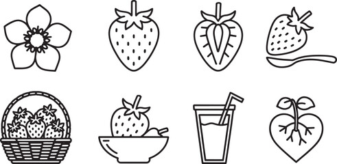 Fototapeta premium Collection of black line art icons depicting strawberries and related items strawberry fruit
