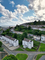 An Aerial Drone Camera View of Swansea City Centre Near Coastal Beach During Sunny Day of July 14th, 2025. Swansea is Most Beautiful, Modern City and county on the south coast of Wales, UK