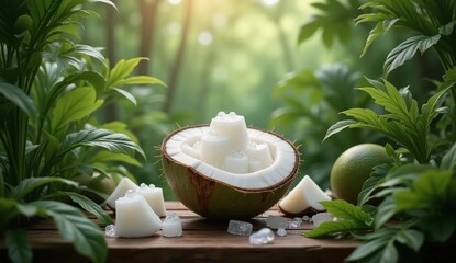 Tropical Coconut Milk Jelly Dessert in Halved Coconut Shell