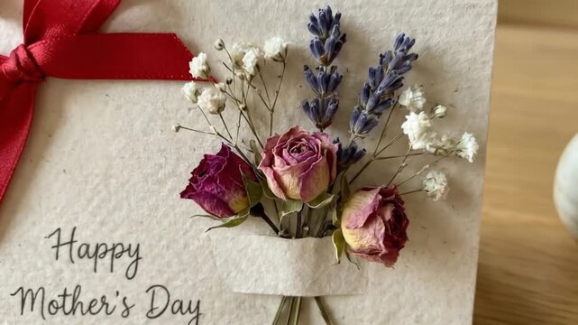 A detailed close-up shot features a beautifully crafted greeting card or gift tag, presented on a natural wooden surface. The card is made from textured, off-white paper and elegantly adorned with a v