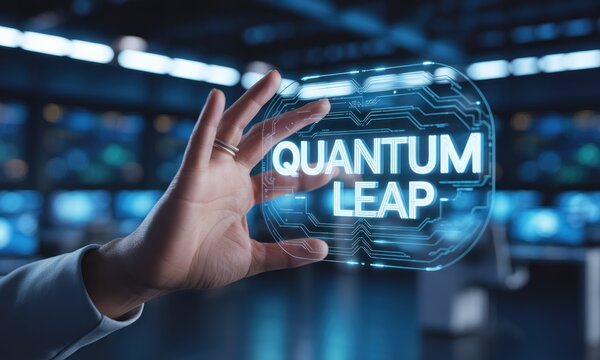 Hand holding a holographic display of "QUANTUM LEAP - Powered by Adobe