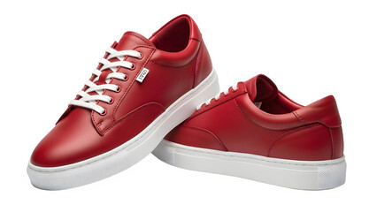 Pair of Stylish Red Leather Sneakers with White Soles and Laces Isolated on White Background