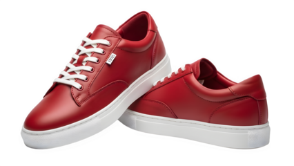 Pair of Stylish Red Leather Sneakers with White Soles and Laces Isolated on White Background