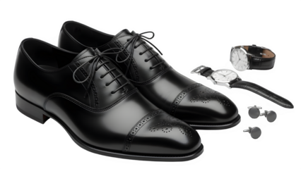 Luxury Men's Accessories with Black Leather Brogues, Wristwatches, and Cufflinks Isolated on White