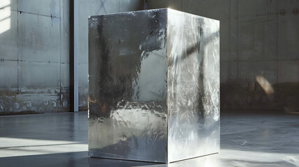 Shiny metallic cube in modern industrial space with natural light