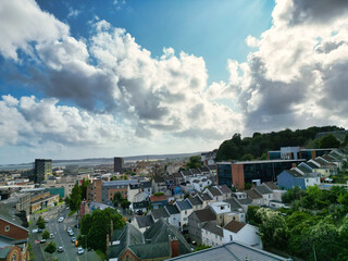 An Aerial Drone Camera View of Swansea City Centre Near Coastal Beach During Sunny Day of July 14th, 2025. Swansea is Most Beautiful, Modern City and county on the south coast of Wales, UK