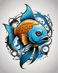 Fish. For use in graphics. T-shirt print, tattoo design. Illustration for printing on wall decorations. Oil painting