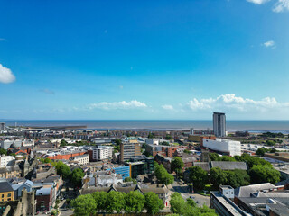 An Aerial Drone Camera View of Swansea City Centre Near Coastal Beach During Sunny Day of July 14th, 2025. Swansea is Most Beautiful, Modern City and county on the south coast of Wales, UK