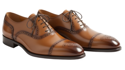 Classic Tan Brown Leather Brogue Oxford Shoes for Men Isolated on White Background