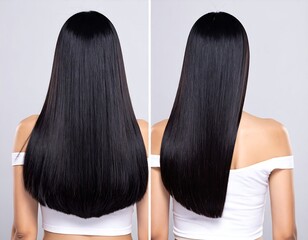 Two images showing the sleek, black, glossy, and straight hair from behind