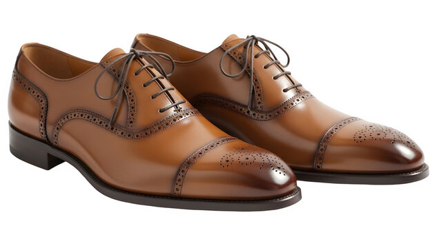 Classic Tan Brown Leather Brogue Oxford Shoes for Men Isolated on White Background
