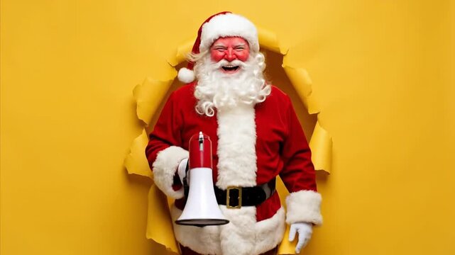 A festive individual, clad in a traditional red and white winter holiday costume, energetically bursts through a vibrant yellow backdrop, creating a dramatic torn paper effect. This cheerful character