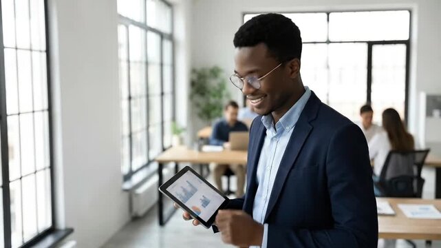 A focused young professional, dressed in a sharp business suit and glasses, is expertly navigating a digital tablet in a modern, brightly lit office environment. His finger precisely interacts with th