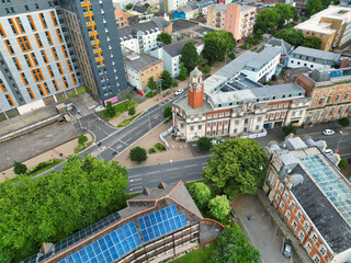 High Angle Drone Camera Footage of Swansea City Centre Near Coastal Beach During Sunny Day of July 14th, 2025. Swansea is Most Beautiful, Modern City and county on the south coast of Wales, UK