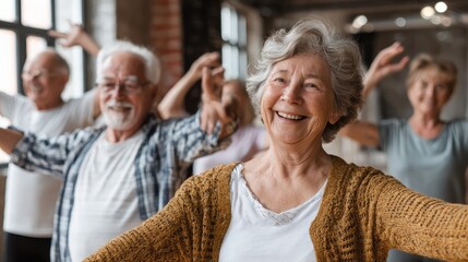 joyful seniors enjoying a fitness class showcasing happiness and community spirit