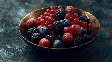 a bowl of fresh mixed berries on a dark textured surface
