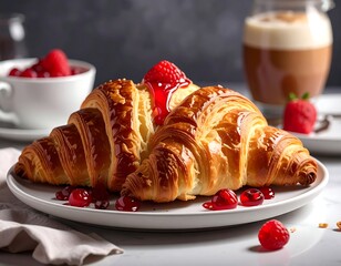 Flaky, golden croissants topped with berries and jam, near coffee