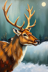 Reindeer . Oil painting. Logo design for use in graphics. Print on a T-shirt, design for printing on wall decorations.