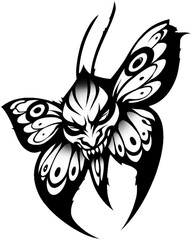 Dark moth demon illustration featuring a menacing face and sharp tribal wings.