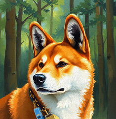 Shiba Inu dog.   Logo design for use in graphics. T-shirt print, tattoo design. Oil paint.