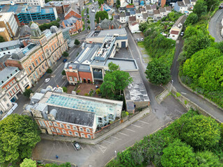 High Angle Drone Camera Footage of Swansea City Centre Near Coastal Beach During Sunny Day of July 14th, 2025. Swansea is Most Beautiful, Modern City and county on the south coast of Wales, UK