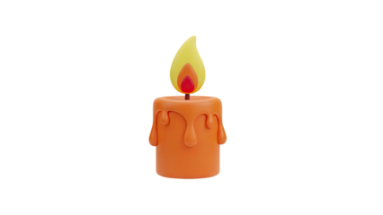 Orange candle with melting wax and yellow flame on transparent background