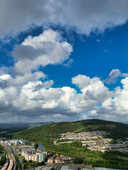High Angle Drone Camera Footage of Swansea City Centre Near Coastal Beach During Sunny Day of July 14th, 2025. Swansea is Most Beautiful, Modern City and county on the south coast of Wales, UK