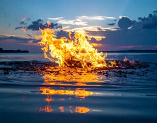 Flames of fire erupting from the water at dusk, fiery display