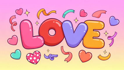 Colorful love typography surrounded by hearts and sparkles