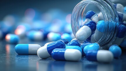 bluewhite antibiotic capsule pills spread out of plastic drug bottles antibiotic drug resistance prescription drugs healthcare and medicine pharmaceutical industry pharmacy product medication