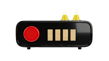 Futuristic device with red button and wood accents on transparent background