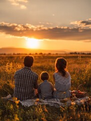 happy young family mom and dad with their little son enjoying summer weekend picnic outside the city in the field at sunny day sunset vacation time concept no logos no brands ar 34